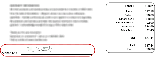 An electronic signature captured on a printed invoice to the customer.